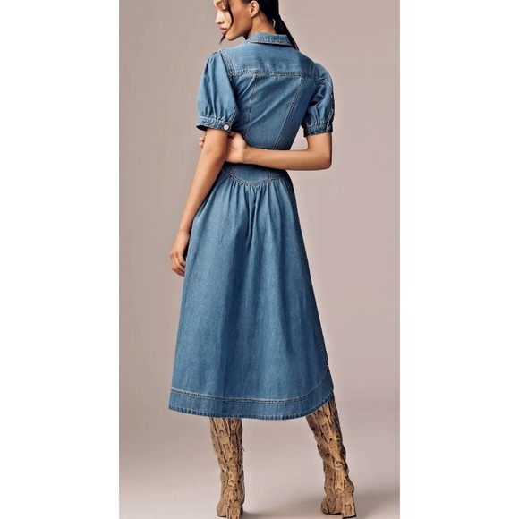 PILCRO & The LETTERPRESS Denim Jean Button Front Puff Sleeve Midi Dress Size 8 - Picture 2 of 11